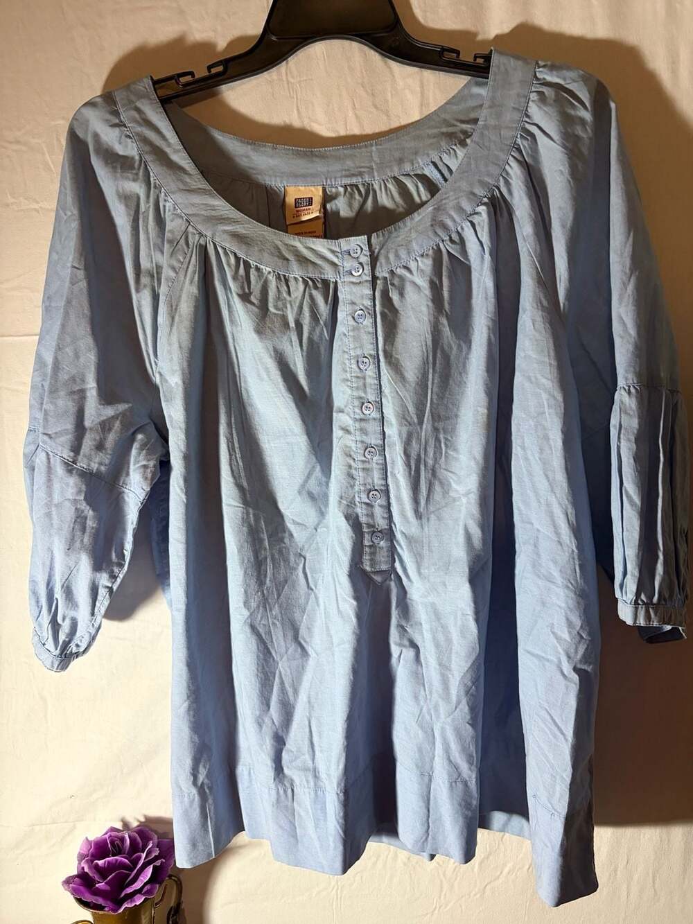 Faded Glory Woman Light Blue Button-Front 3/4 Sleeve Blouse Size 2X 18W/20W